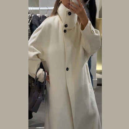Elegant Women's Overcoat Stand Collar Single Breasted Full Sleeve Solid Female Long Coats 2025 Autumn Fashion Chic Lady Outwear