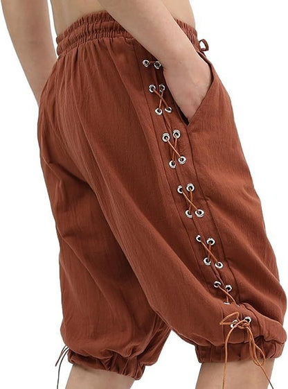Men's Pirate Shorts Renaissance Medieval Vintage Lace-Up Viking Navigator Halloween Costume Pants