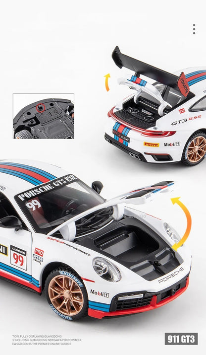 1:24 Alloy Porsche 911 GT3 RSR Sports Cars Diecast Miniature Models Toy with Sound Light Pull Back Vehicle Boys Collection Gifts