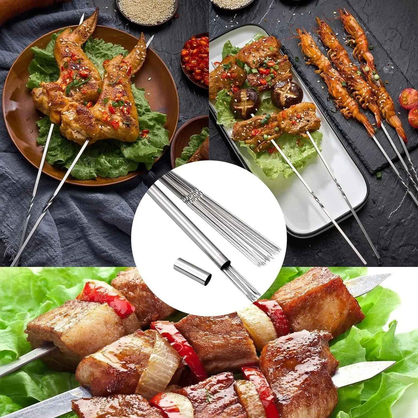 20Pcs Barbecue Skewer with Storage Tube Stainless Steel Reusable Flat BBQ Needle Stick for Outdoor Camping Party BBQ Accessories