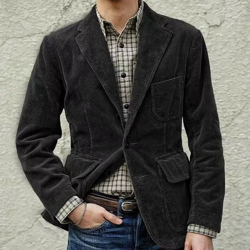 European and American Business Men's Casual Outerwear for Spring and Autumn, Fashion Button Slim Fit Corduroy Suit Coat S-XXXL
