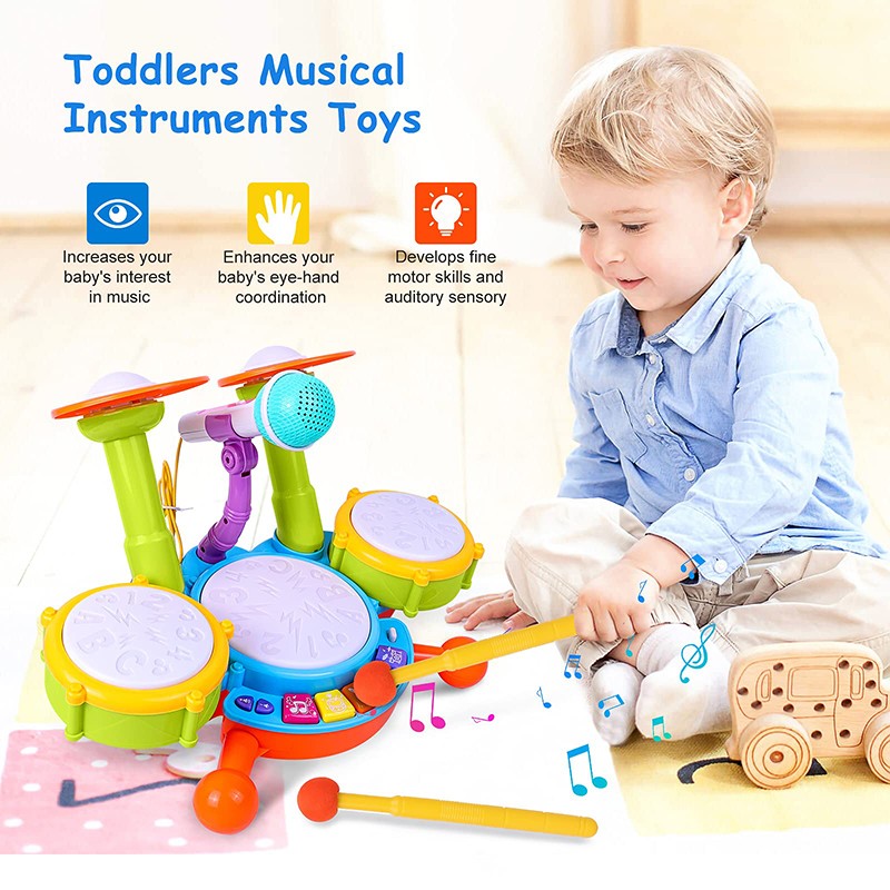 Hot Selling Creative Children Drums Set Electric Light Cool Music Drum Kit Percussion Instrument Baby Early Education Toys Gifts