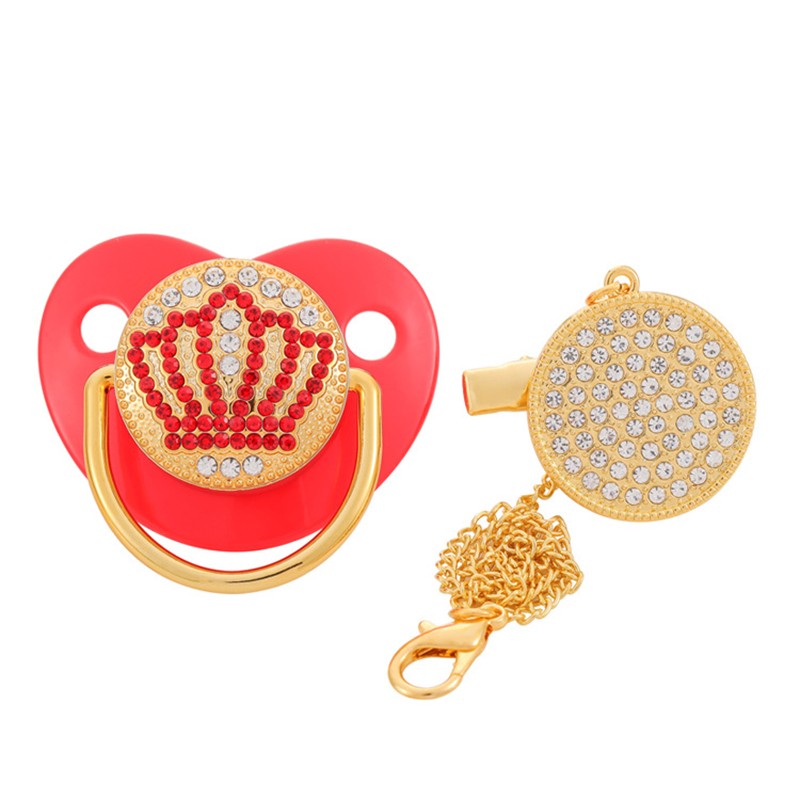 Bling Crown Pacifier with Pacifiers Chain Clip BPA Free Silicone Infant Nipple Dummy Soother New born Baby Boys Girls Gift 0-24M