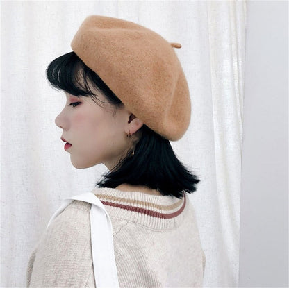 Women Girls Warm Wool Berets Hat Solid Color Retro Plain Cap All Matched Elegant French Artist Hat Lady Women Wool Berets