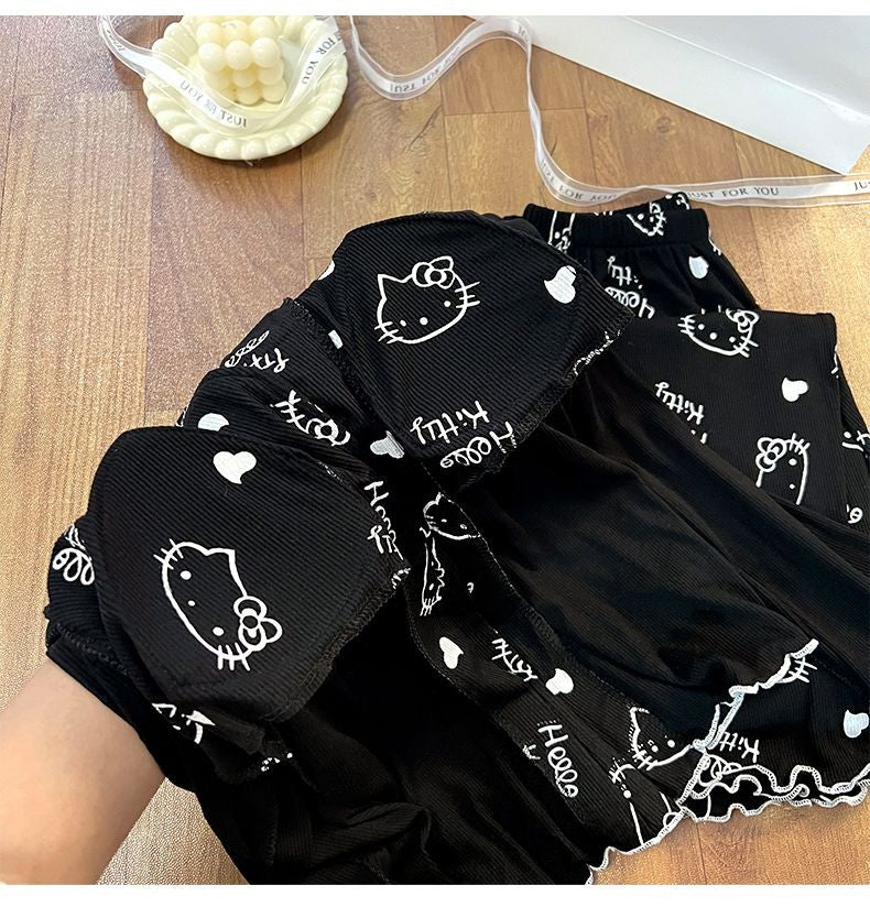 New Women Hello Kitty Pajamas Set Long Sleeve V-Neck Cardigan and Pants Cute Cartoon Homewear Sleepwear Loungewear Spring Autumn