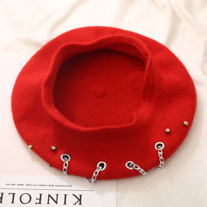 Fashion Winter Berets For Women girl Punk Rock Style Iron Rings Beret Caps Retro Wool Hats Black Woolen Painter Caps