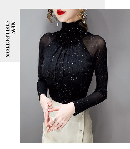 Korean fashion Women Mesh top High neck Sexy Black bottoming t shirt Casual Bright silk Lady shirt Blusa