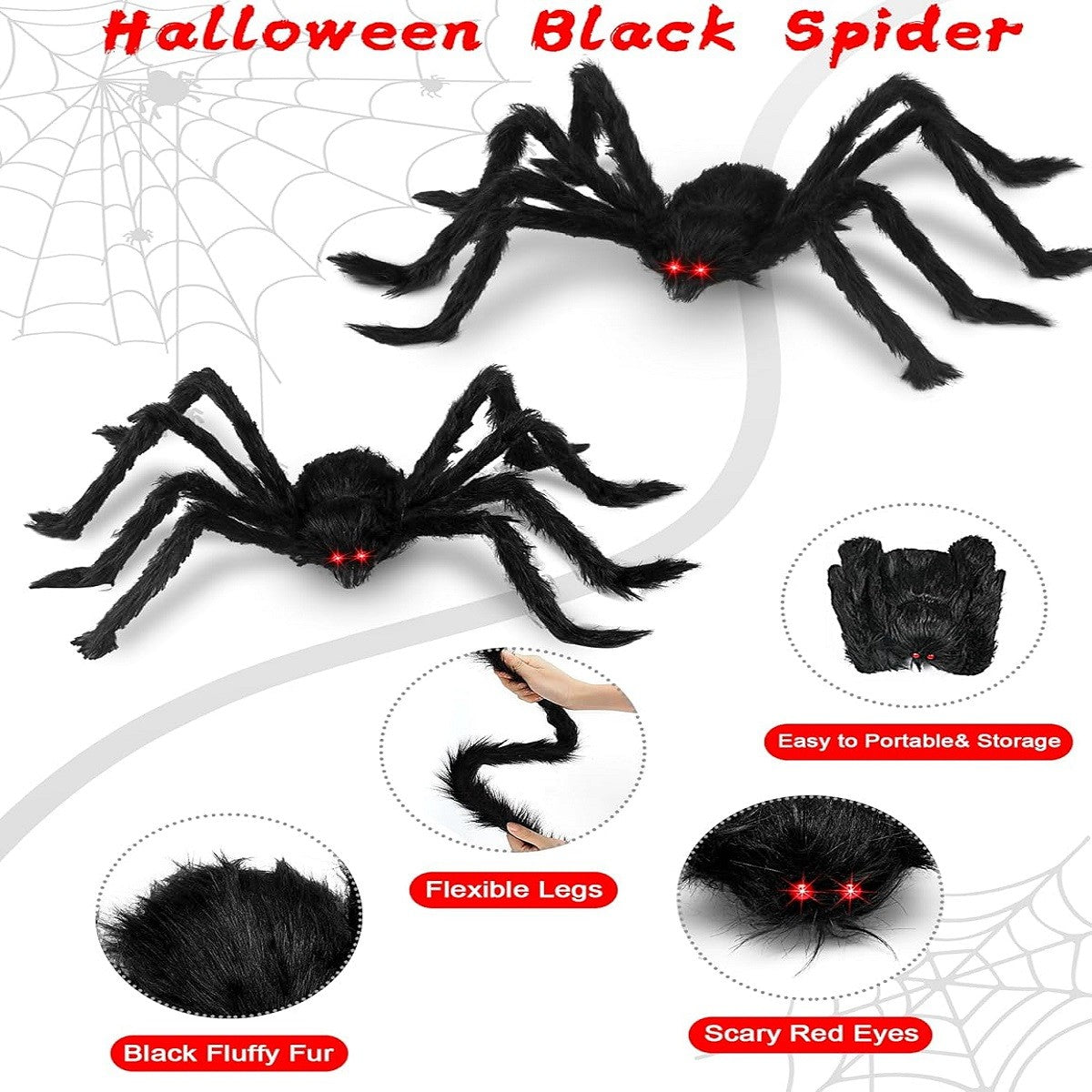 Giant Black Plush Spider Halloween Decoration 30-200cm Horror Haunted House Props Indoor Outdoor Party Scary Decor