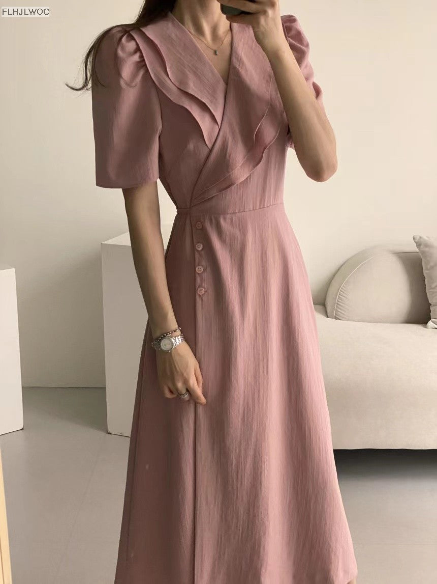 South Korea Chic Midi Dress Women Summer Japan Style Retro Vintage Design Ruffle