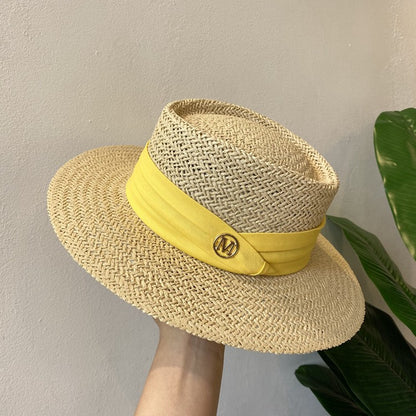 Chapéu de Palha Feminino de Verão Chapéu de Sol Luxuoso Feminino Chapéu de Praia de Proteção Solar da Moda Chapéu Panamá Francês Chapéu Raff de Aba Larga com Topo Abaulado