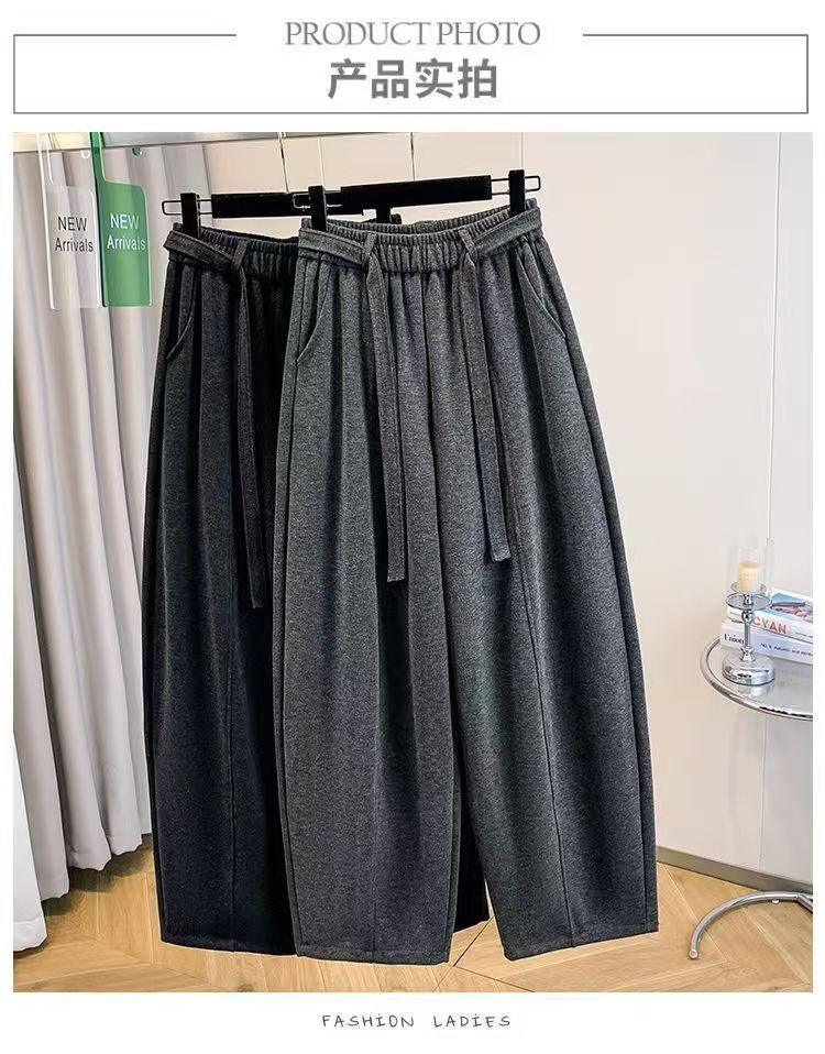 2025 Autumn Winter New All-match Fashionable Solid Color Elastic Waist Wide Leg Pants Women Clothes Casual Drawstring Trousers