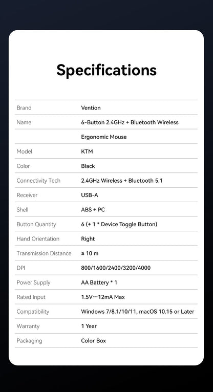 Vention Wireless Bluetooth 5.1 Mouse USB 2.4G Dual-Mode Ergonomic 4000 DPI 6 Buttons Mouse for MacBook Tablet Laptop PC Mice