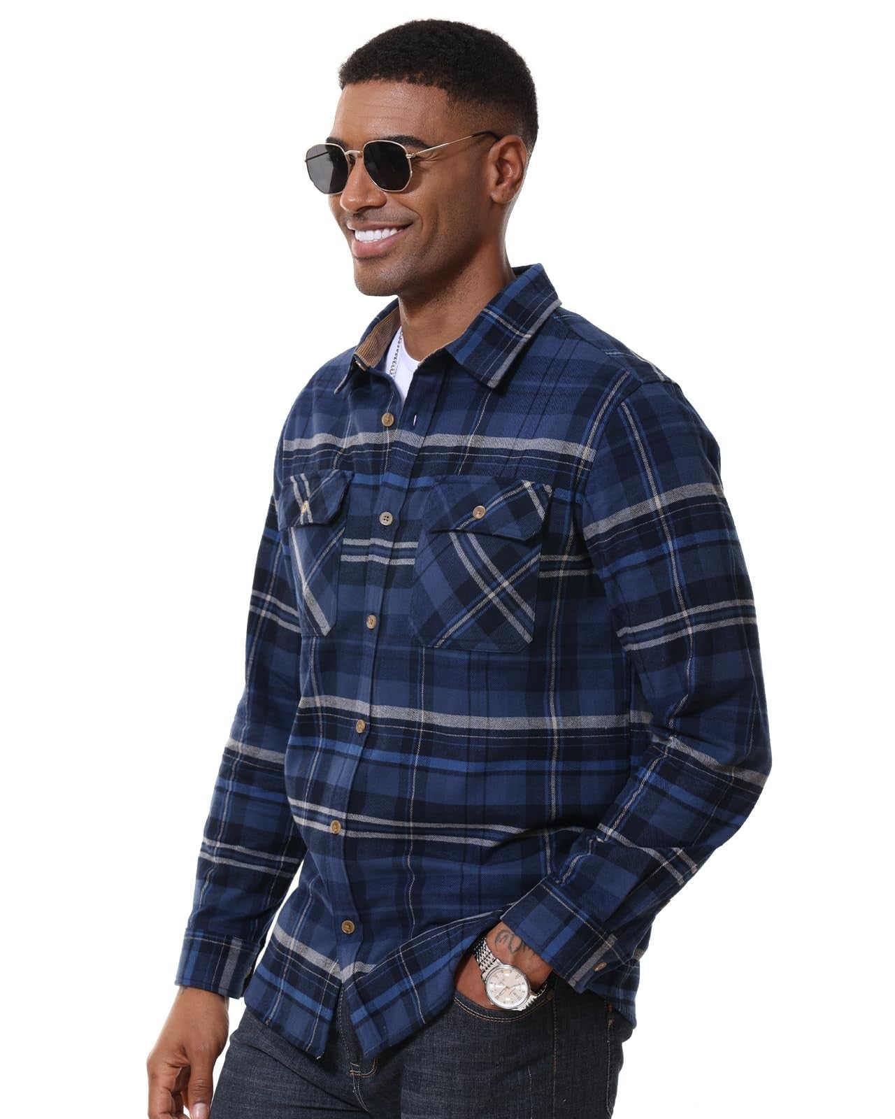 MAGCOMSEN Flannel Shirts Men's Long Sleeves Cotton Long Sleeve Plaid Shirt with 2 Pockets Button Down Casual Corduroy Shirt Male