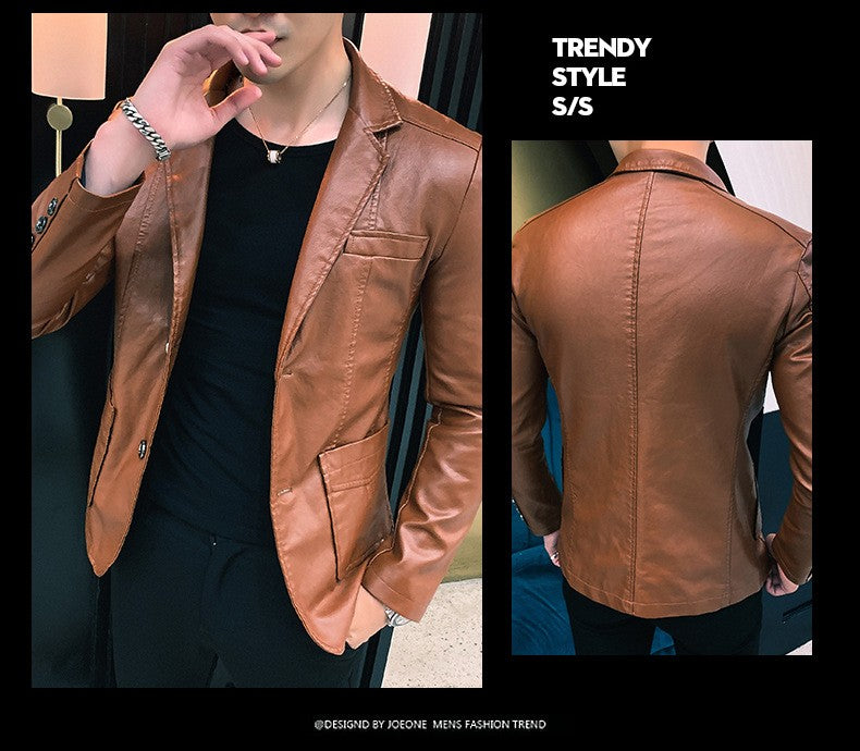 Spring/Autumn Leather Jacket - Plus Size Men's Youth Suit Collar Business Casual Leather Jacket European Sizes XS-3XL