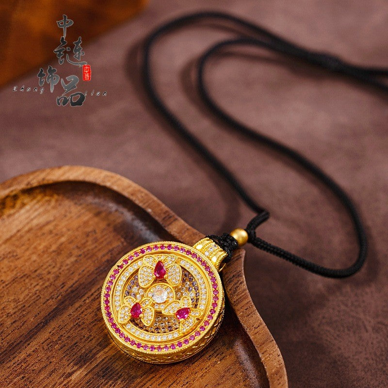 Luxury 9999 24K Solid gold certifid ancient method diamond garden butterfly compass pendant rotating compass pendant for women