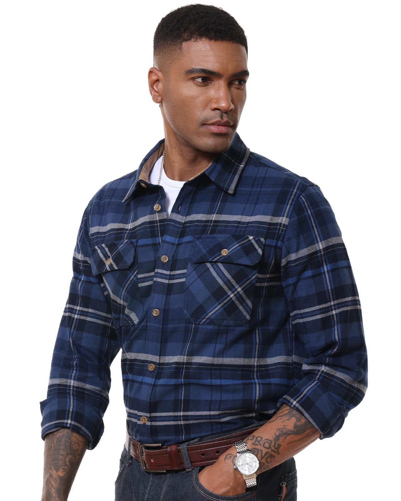 MAGCOMSEN Flannel Shirts Men's Long Sleeves Cotton Long Sleeve Plaid Shirt with 2 Pockets Button Down Casual Corduroy Shirt Male