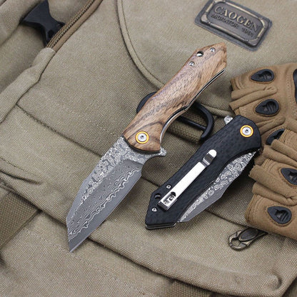 Damascus Pattern Folding Knife Wood Handle Portable Outdoor Self-defense Pocket knife High Hardness EDC Camping Kitchen Knives