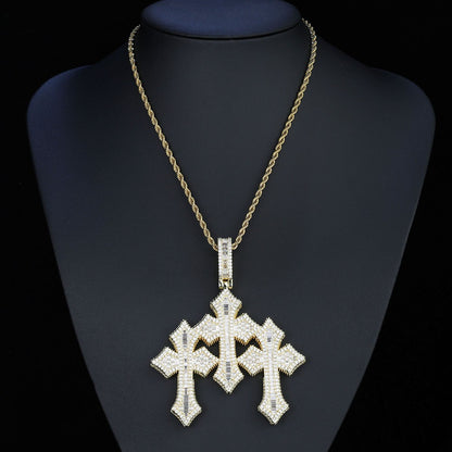 High Quality 3Inch Mens Hip Hop Cross Pendant New Release Iced out Triple Cross with Stone Charm Necklace Made Brass