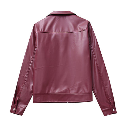 Jaqueta Feminina de Couro Sintético Vermelho Vinho Vintage, Casaco Moderno com Zíper e Lapela, Casacos de Outono Inverno, Blusas Curtas Femininas Estilo Streetwear