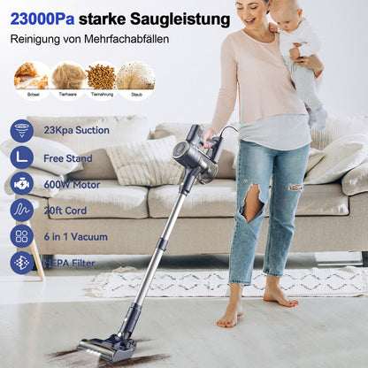 Aspirador de Pó Vertical com Fio I8, 23000Pa, Fio de 6M, para Chão, Tapete, Pelos de Animais de Estimação