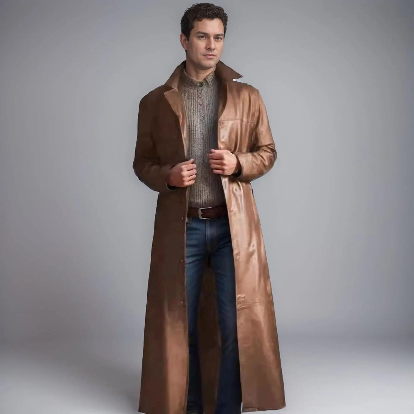 Casual Pure Color Slim Fit PU Leather Long Jacket Men's Coat with Lining Autumn Fashion Quality Outerwear Male Model