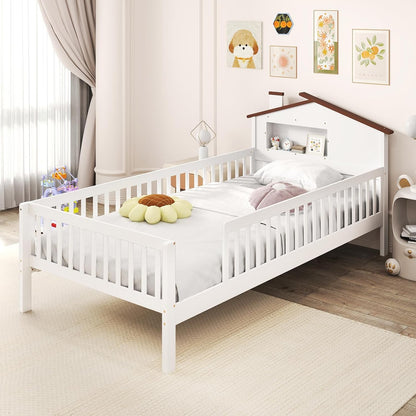 Twin Kids Bed Frame, Solid Wood Montessori Bed with Guardrails & House-Shaped Headboard, Built-in Storage Shelf, No Box