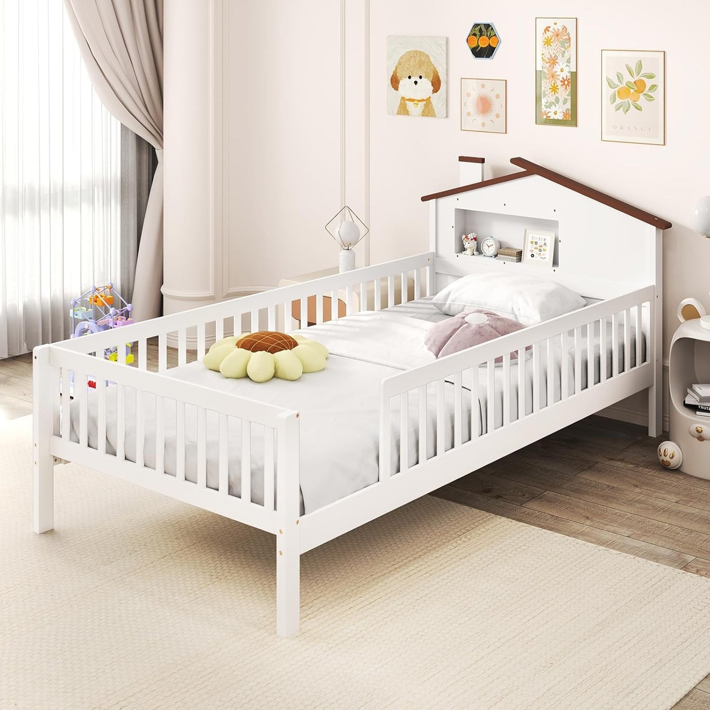 Twin Kids Bed Frame, Solid Wood Montessori Bed with Guardrails & House-Shaped Headboard, Built-in Storage Shelf, No Box