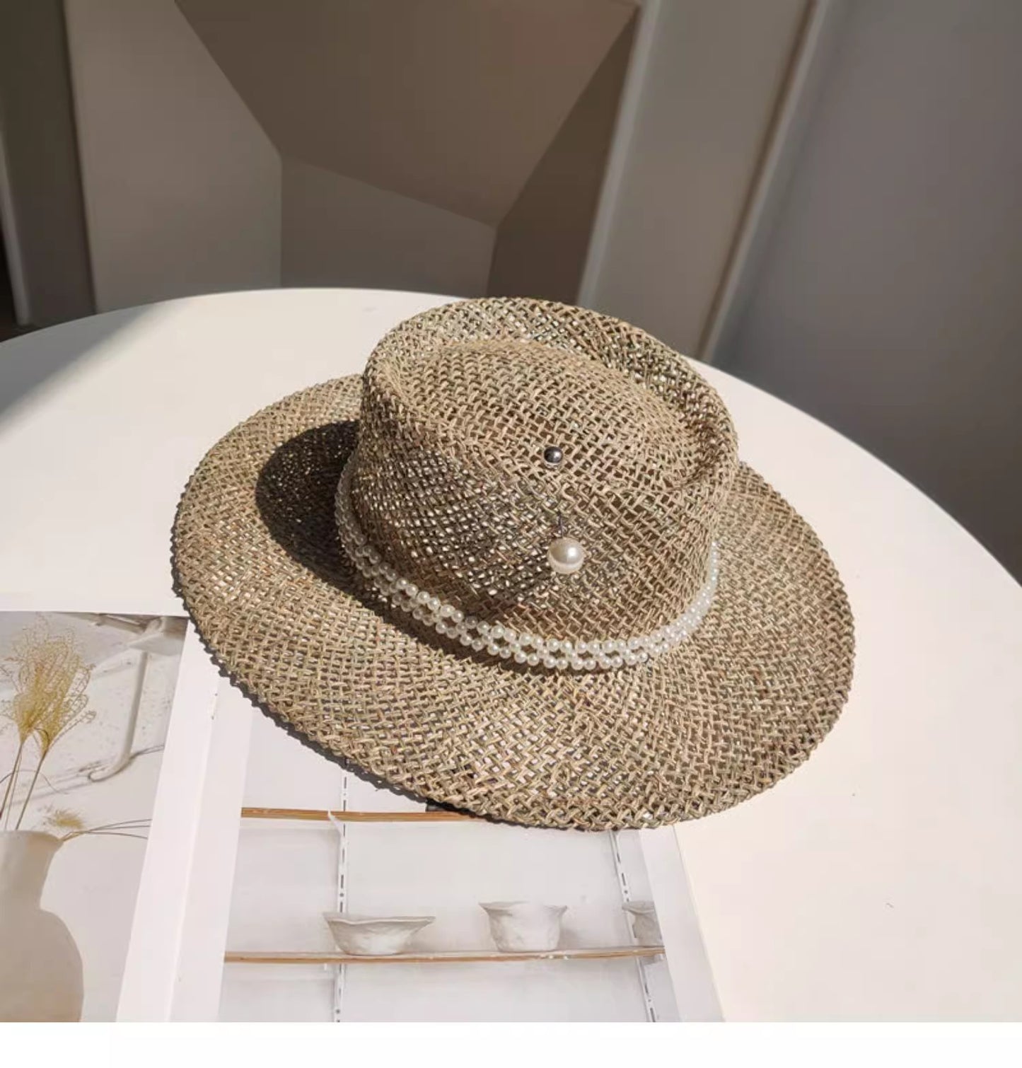 Chapéu de palha de verão alfinete de pérola chapéu de palha feminino de aba plana oco com ranhuras de verão para praia e sol sombreiro ????