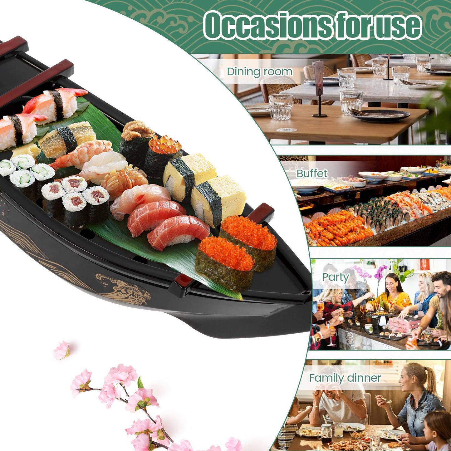 Sushi Serving Tray Reusable Plastic Sushi Boat Serving Plate Japanese Style Detachable Sushi Serving Platter for Home Kitchen