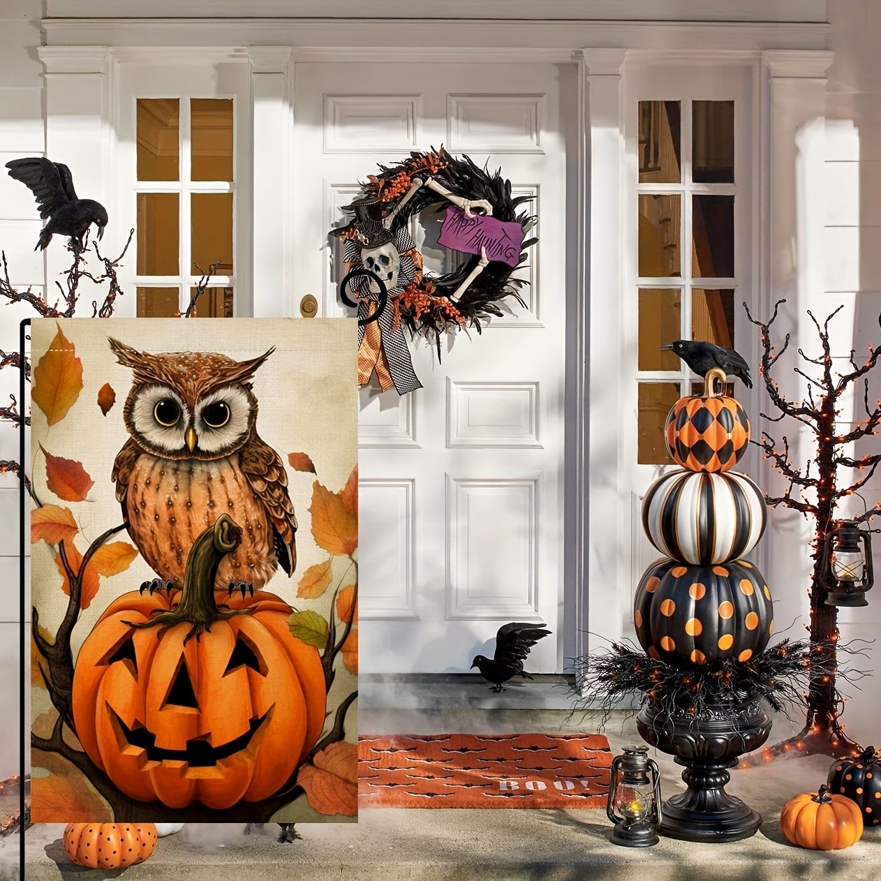 1 Halloween Happy Ghost House Garden Pumpkin Owl Flag, Outdoor Courtyard Decoration 12 x 18 inches (excluding flagpole)