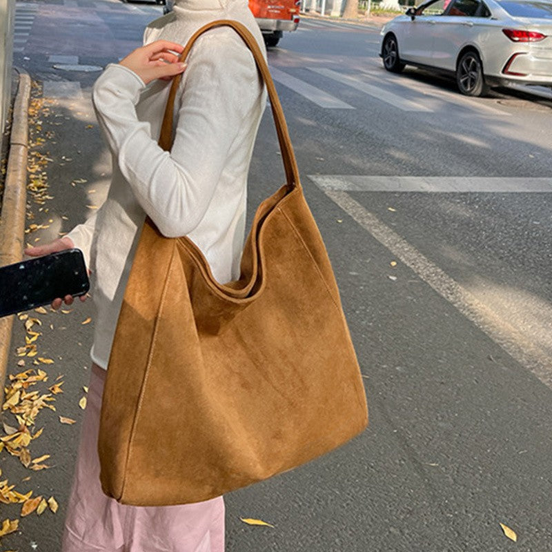 Retro Suede Frosted Tote Bag Winter Simple Design Versatile Work Commuting Shoulder Bag Women's Large Capactiy Handbags