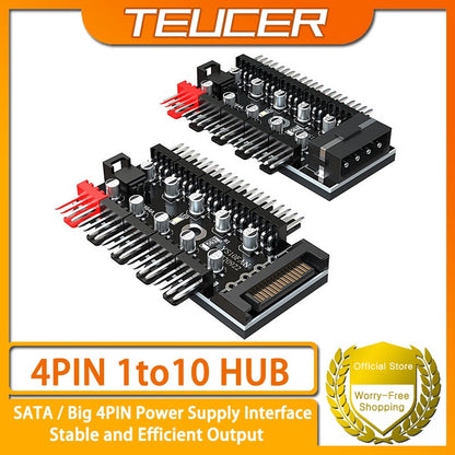 TEUCER 1 to 10 PWM Fan HUB 4PIN 3PIN 12V Splitter Cable Splitter Desktop Computer Cooling Fan Extension Adapter