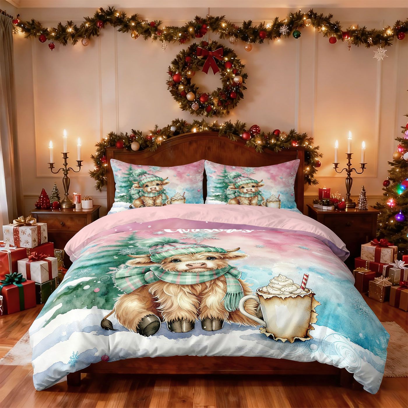 3pcs Christmas Pink Highland Cow Print Coreless Bedding Set Multi Sized Bedding Bedding Decoration Comfortable Machine Washable