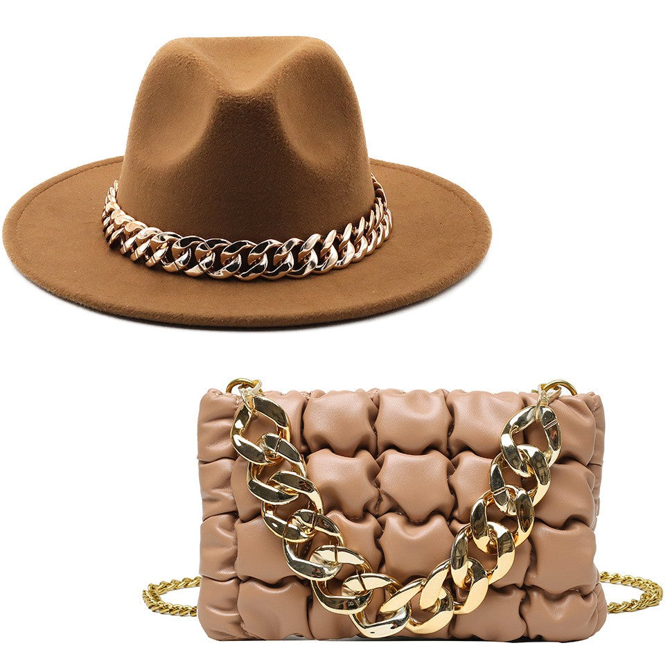 Set Straw Hat and Bag Set Gold Chain Bag Hat Set Ladies Leather Bag Tote Church Fedora Party Jazz Straw Hat
