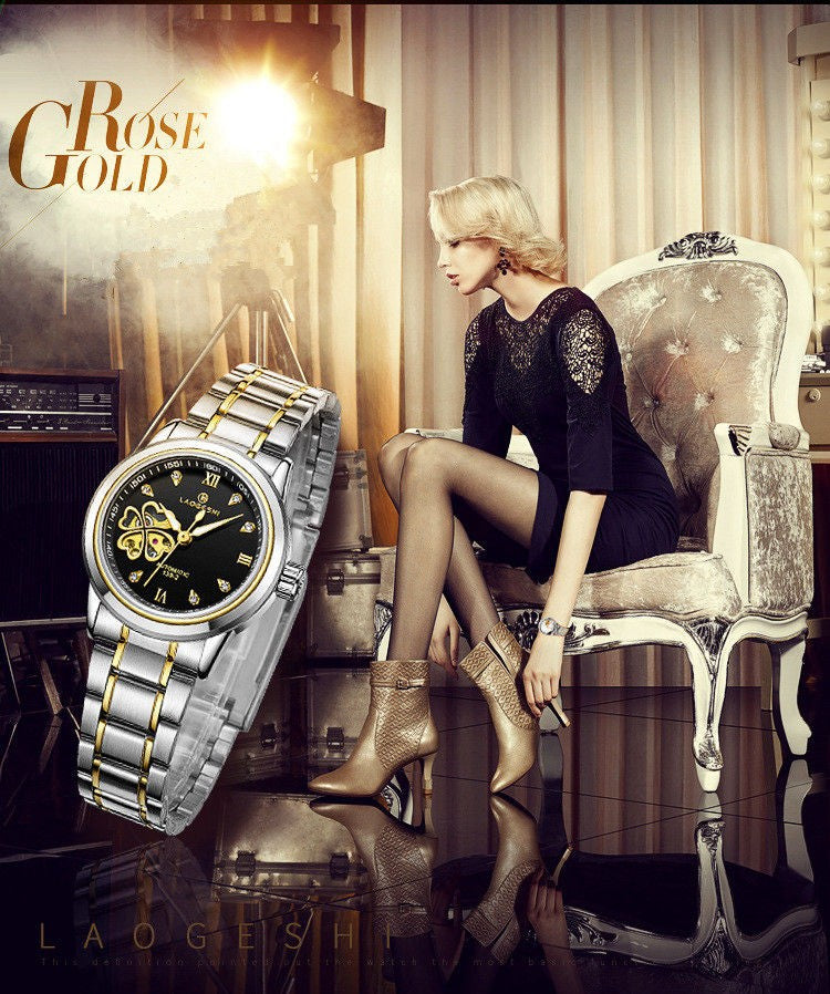 Women Automatic Mechanical Watches Diamond Four-leaf Clover WristWatches Ladies Rose Leather Watch Waterproof Senhoras Assistir