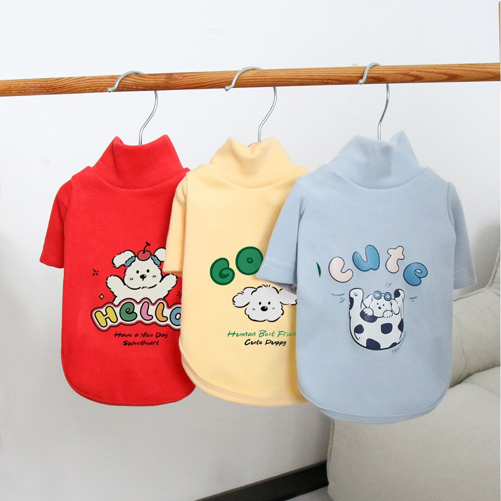 Camisa de base quente com gola alta de pelúcia para animais de estimação, moletom grosso de desenho animado para outono e inverno, roupas para cães para atividades ao ar livre