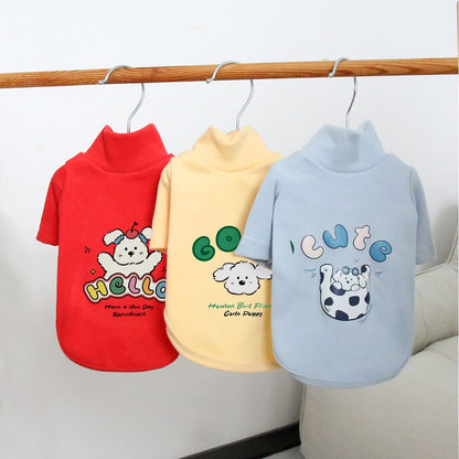 Camisa de base quente com gola alta de pelúcia para animais de estimação, moletom grosso de desenho animado para outono e inverno, roupas para cães para atividades ao ar livre