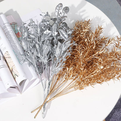 Simulation Flower Christmas Ornament Home Decorations Christmas Artificial Flower Simulation Leaf Artificial Plant Gold Silver