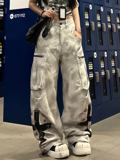 Women's White Zipper Graffiti Work Jeans Y2k 2025 American Retro Design Distressed Subculture High Waist Floor Mopping Trousers