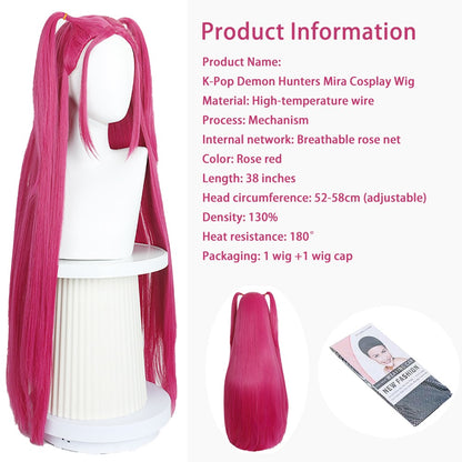 Anime Kpop: Demon Hunters Mila Cosplay Synthetic Hair 38-Inch Rose Red Straight Hair Halloween Daily Party Realistic Scalp Wig