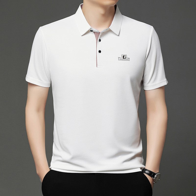 New Men's Business Casual Short Sleeved Shirt with Badge Solid Color Polo Shirt Fashionable Breathable Comfortable Versatile Top