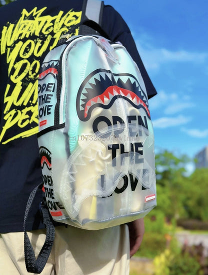 Fashion Shark Letter Transparent Backpack Men Sport Waterproof PVC Clear Plastic Schoolbag Casual Street Large Capacity Rucksack
