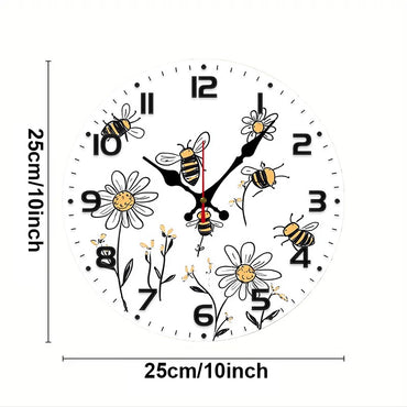 Bee And Daisy Wooden Round Silent Hanging Wall Clock, Suitable For Living Room, Office, Study Room, Bedroom, Home Decoration