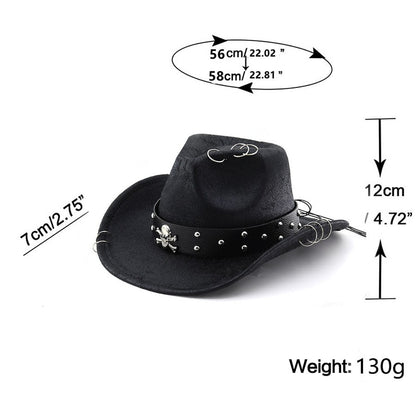 Unisex PU Leather Cowboy Hat - Western Style Panama Skull Belt for Party, Studded Metal Skeleton Festival Accessory