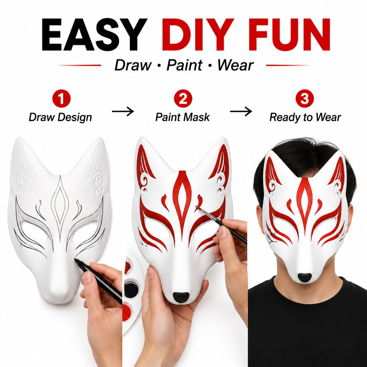 DIY White Fox Mask Paintable Kitsune Cosplay Half Face Mask, Blank Anime Fox Mask for Halloween Party Masquerade Stage Prop