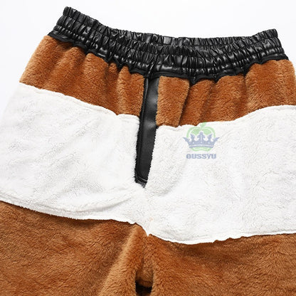 OUSSYU Brand High Quality Winter Outdoors Fleece Warm Pants Men Zippered Pocket Business Straight Flocking PU Trousers Plus Size