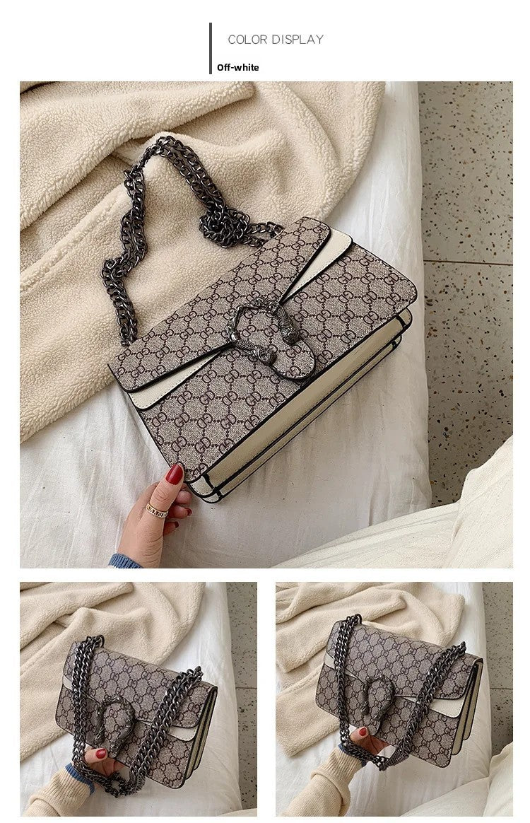 Women Stylish Retro Print Shoulder Crossbody Bag Fashionable Chain Underarm Purse Medium Hardness Polyester Lining
