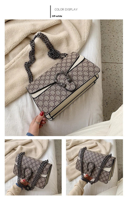 Women Stylish Retro Print Shoulder Crossbody Bag Fashionable Chain Underarm Purse Medium Hardness Polyester Lining
