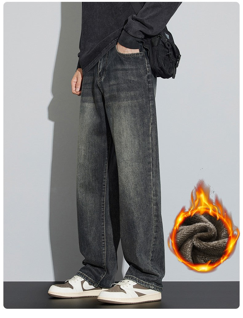 Winter Fleece Men's Warm Jeans Loose Wide Leg Thickened Thermal Retro Denim Pants Fashion Straight Streetwear Plush Trousers