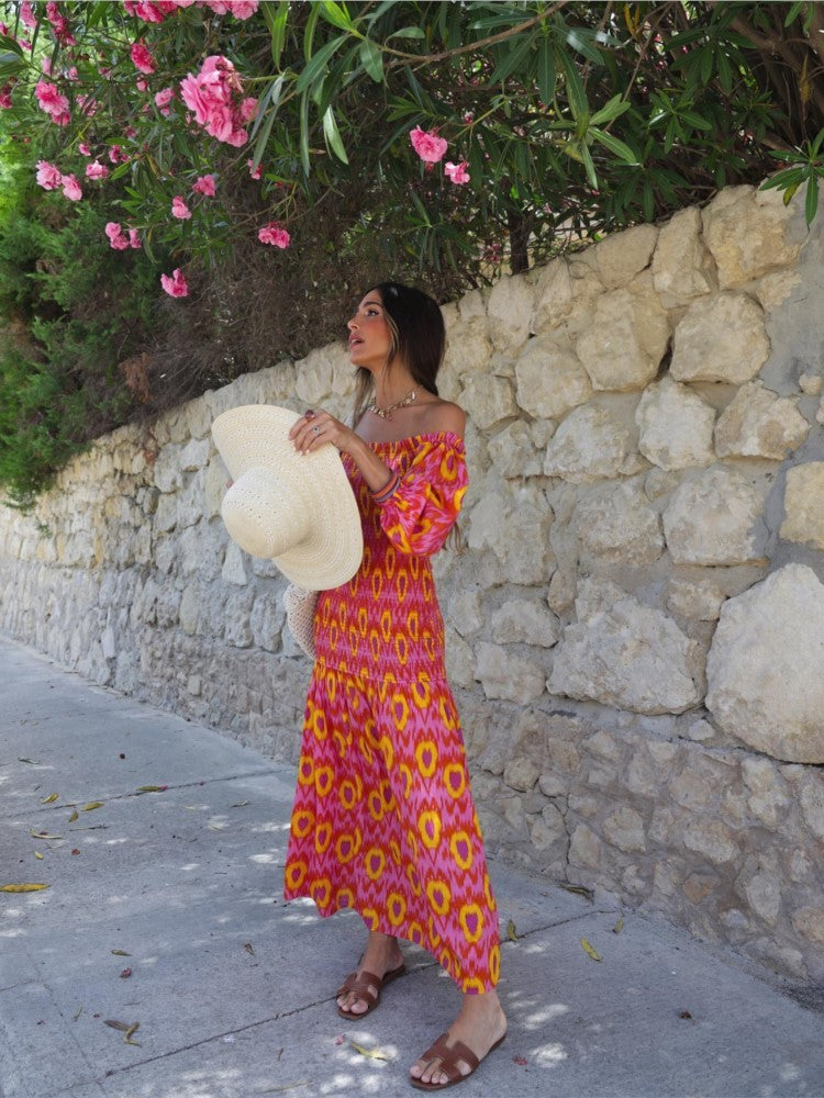 Women Summer Party Holiday Lady Streetwears Print Ruffle Pleated Long Dress Fash
